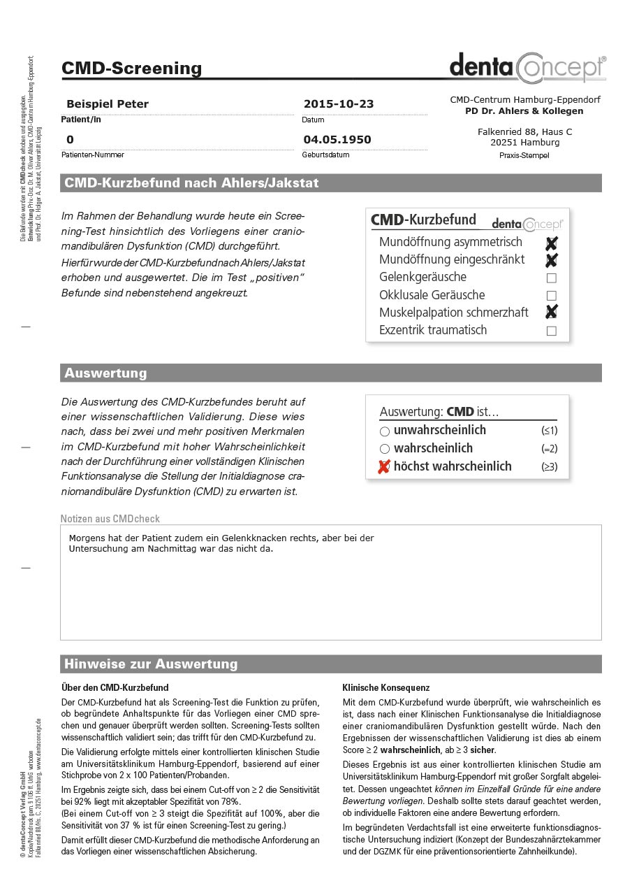 Abb. 18 Ausdruck in Form eines in CMDcheck 4 integrierten neuen Befund­bogens „CMD-Screening“ auf Papier oder als PDF-Datei einschließlich der Notizen und Hinweise zu den Grundlagen