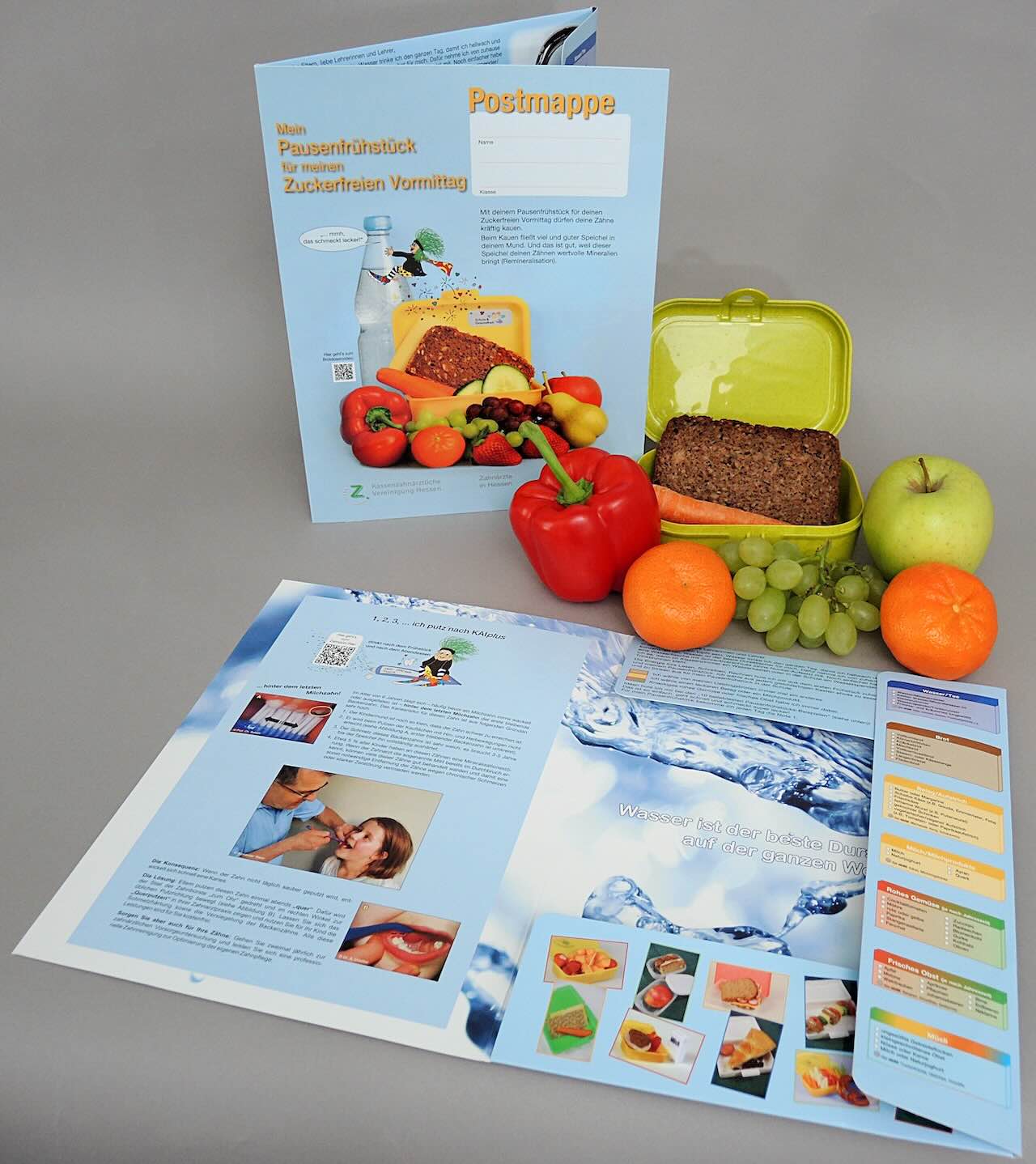 In der oberen Hälfte steht links die Mappe der ZKV Hessen, daneben liegen eine Paprika, eine geöffnete grüne Brotdose, in der eine Scheibe Schwarzbrot und eine Möhre liegen, zwei Mandarinen, einige Trauben und ein grüner Apfel. In der unteren Hälfte liegt die Mappe ausgebreitet.
