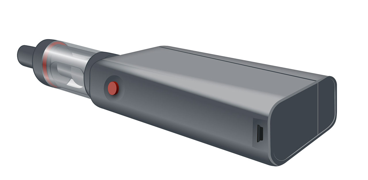 Abb. 3 E-Zigarette der dritten Generation mit größerem Liquid-Tank und größerer Batterie, welche mit einem herkömmlichen USB-Kabel aufgeladen werden kann.