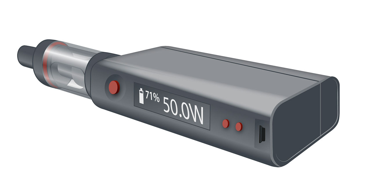 Abb. 4 E-Zigarette der vierten Generation mit größerem Liquid-Tank und größerer Batterie, welche mit einem herkömmlichen USB-Kabel aufgeladen und per Computer von extern eingestellt werden kann.