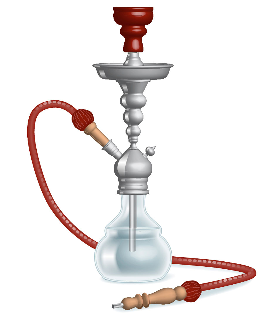Abb. 6 Wasserpfeife (Shisha, Hookah oder Nargileh) mit Was­sertank und Saugschlauch. Brennende Kohle (nicht im Bild) wird auf einem Sieb über dem hier rot dargestellten Gefäß platziert, in das zuvor der feuchte Shisha-Tabak eingelegt worden ist.