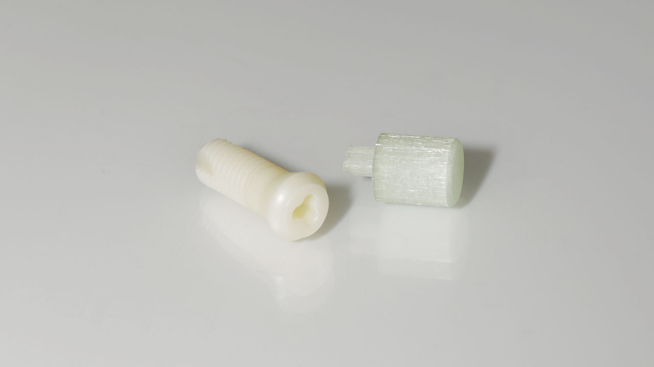 Abb. 2 Zirkonoxid-Implantatkörper und dazugehöriger Glasfaserstift, der als Retentionselement fungiert (Patent-Implantatsystem).