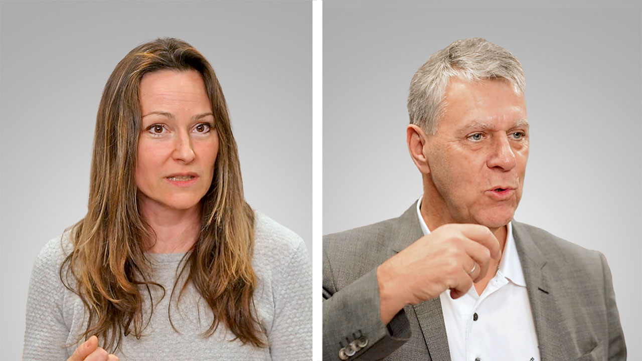 Abb. 1 Moderiert wurde das Webinar „Personalisierte Lösungen zur Biofilmentfernung: Welche elektrischen Zahnbürsten passen zu welchen Patientenmerkmalen – Teil 2“ von der Dentalhygienikerin Julia Haas und Univ.-Prof. em. Dr. Michael J. Noack.