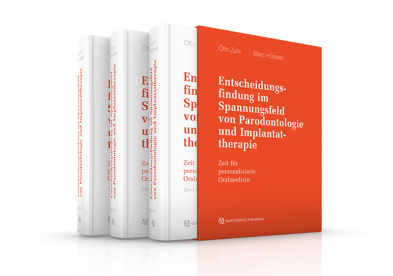 Abb. 1 Das neue Kompendium „Entscheidungsfindung im Spannungsfeld von Parodontologie und Implantattherapie“ von Otto Zuhr und Marc Hürzeler umfasst drei Hardcover-Bände im Schuber. Auf der Basis wissenschaftlicher Erkenntnisse und unter Berücksichtigung der individuellen Risikoprofile und Bedürfnisse der Patientinnen und Patienten gehen die Autoren dezidiert darauf ein, wie sich gesunde und stabile gingivale und periimplantäre Weichgewebe erzielen lassen.