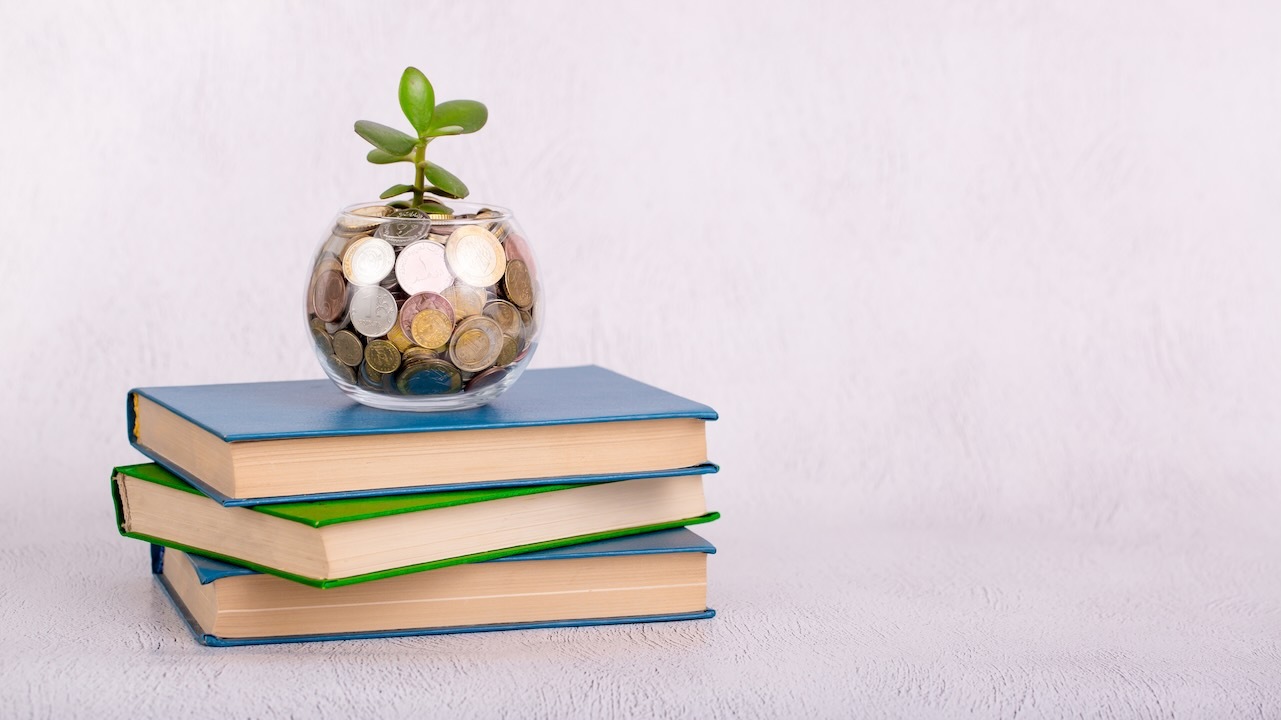 Vor einem hellen Hintergrund liegen drei Bücher mit den Seiten nach vorne übereinander. Darauf steht ein kugelförmiges Glasgefäß, dass mit Münzen gefüllt ist, und in der Mitte sprießt eine kleine Pflanze.
