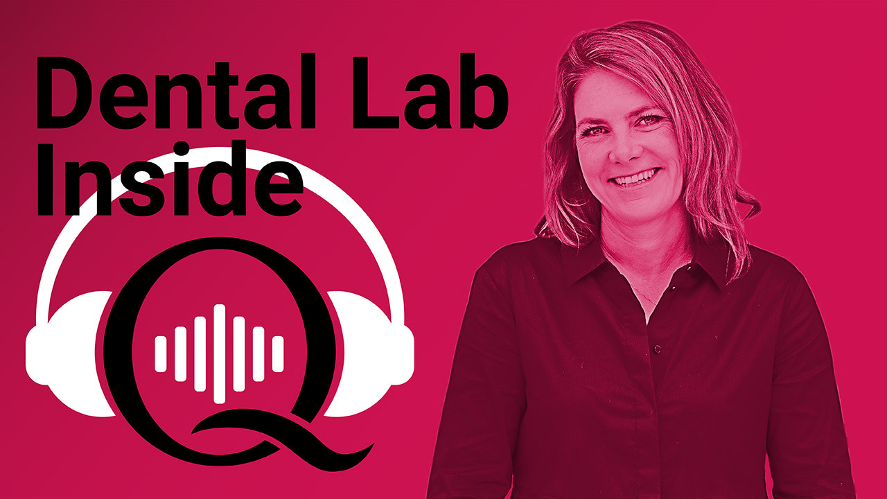 Schriftzug Dental Lab Inside, Quintessence Podcasts-Logo und Porträtbild von Carola Wohlgenannt