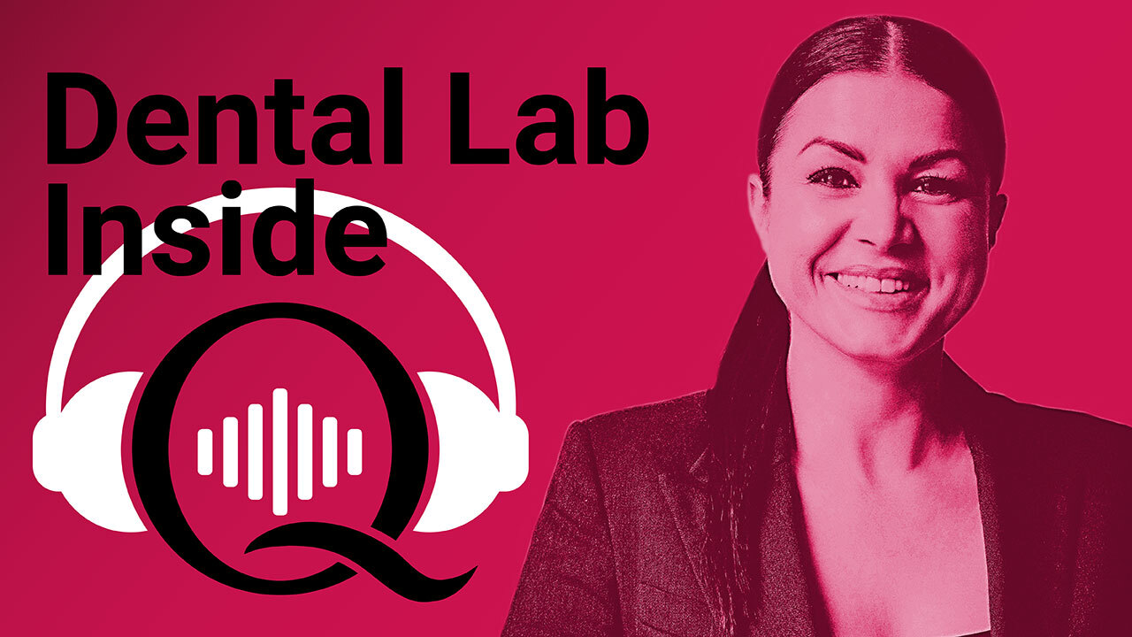 Porträtbild von Zahntechnikerin Ivana Pasalic, rechts daneben das Logo der Quintessence Podcasts, darüber der Schriftzug Dental Lab Inside