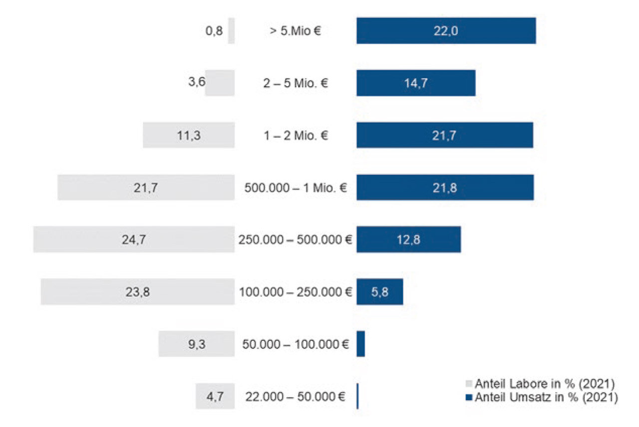 Abb. 3 Anteil der Labore und Umsatz nach Umsatzgrößenklassen 2021 (Quelle: Statistisches Bundesamt, Umsatzsteuerstatistik 2021).
