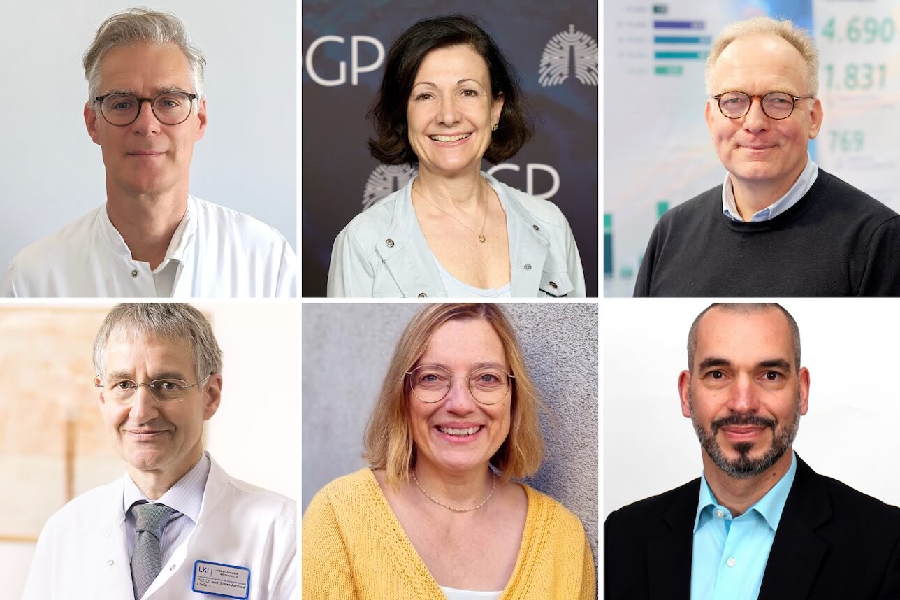 (c) DGP Fordern einen konsequenten Jugendschutz (v.o.l.n.u.r.): Prof. Wolfram Windisch (privat), Dr. Claudia Bauer-Kemeny (DGP), Matthias Urlbauer (DGP), Prof. Stefan Andreas (Lungenfachklinik Immenhausen), Magᵃ Waltraud Posch (privat) und Dr. Alexander Rupp (privat)