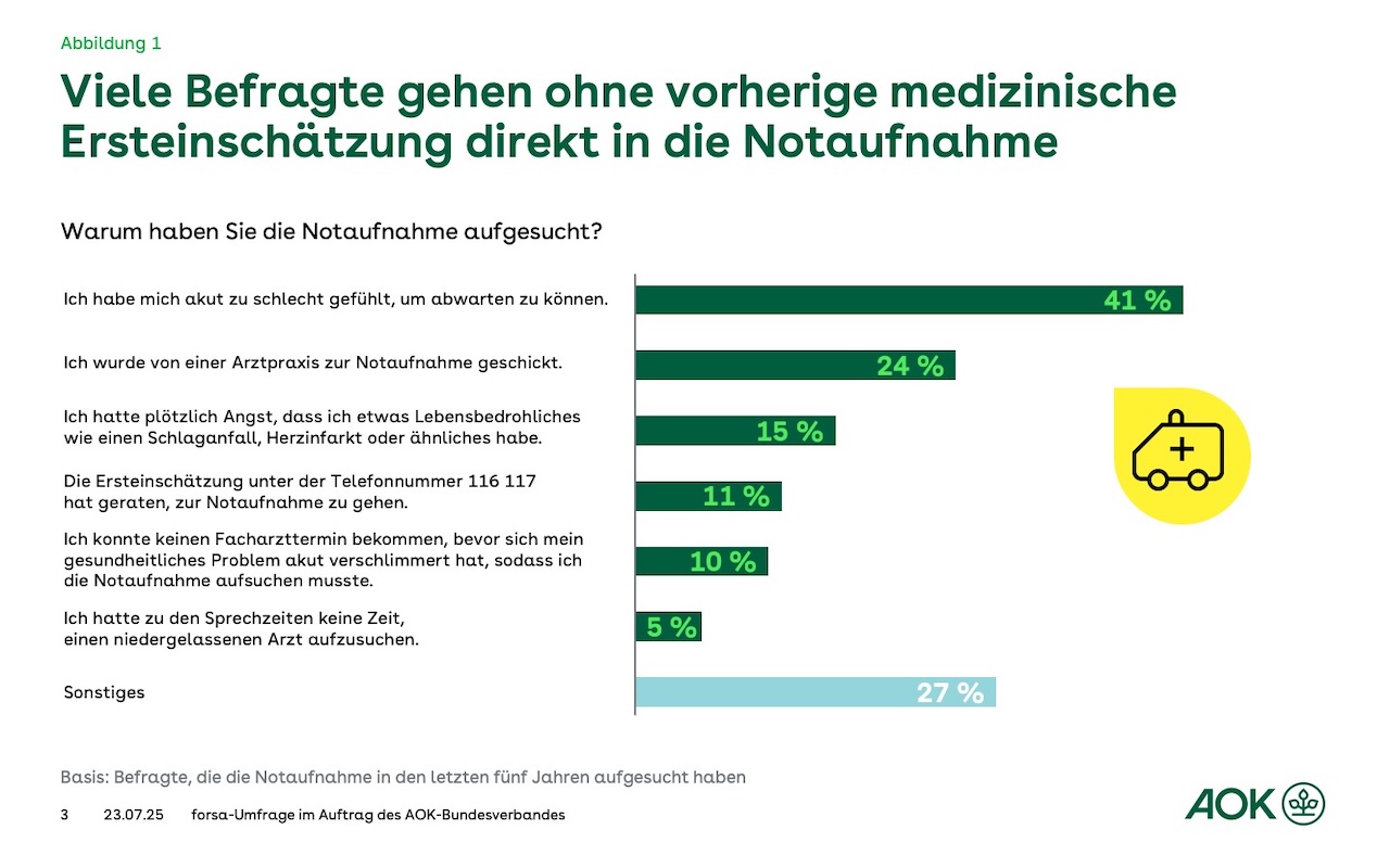 Die Grafik stellt dar, wie viele Befragte über welchen Weg in die Notaufnahme gekommen ist – die Zahlen sind im vorhergehenden und folgenden Absatz genannt.