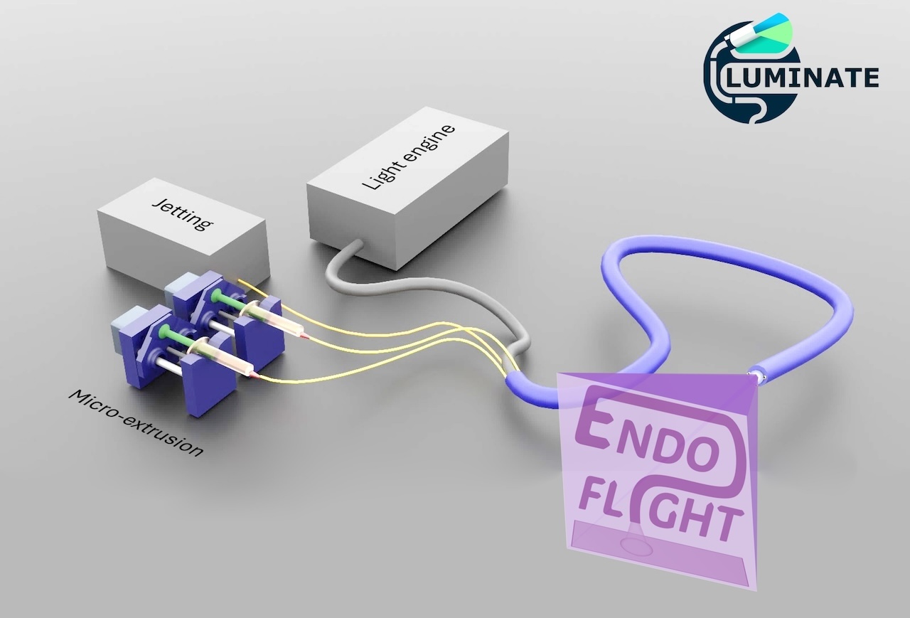 Bioprinting Unit: Schematische Darstellung der Endoflight Bioprinting Unit mit zwei Spritzen (links) zur Applikation der Zellen und des Gels, sowie der endoskopischen Einheit mit speziellen optischen Lichtfasern, welche das Gel punktuell aushärten können. 